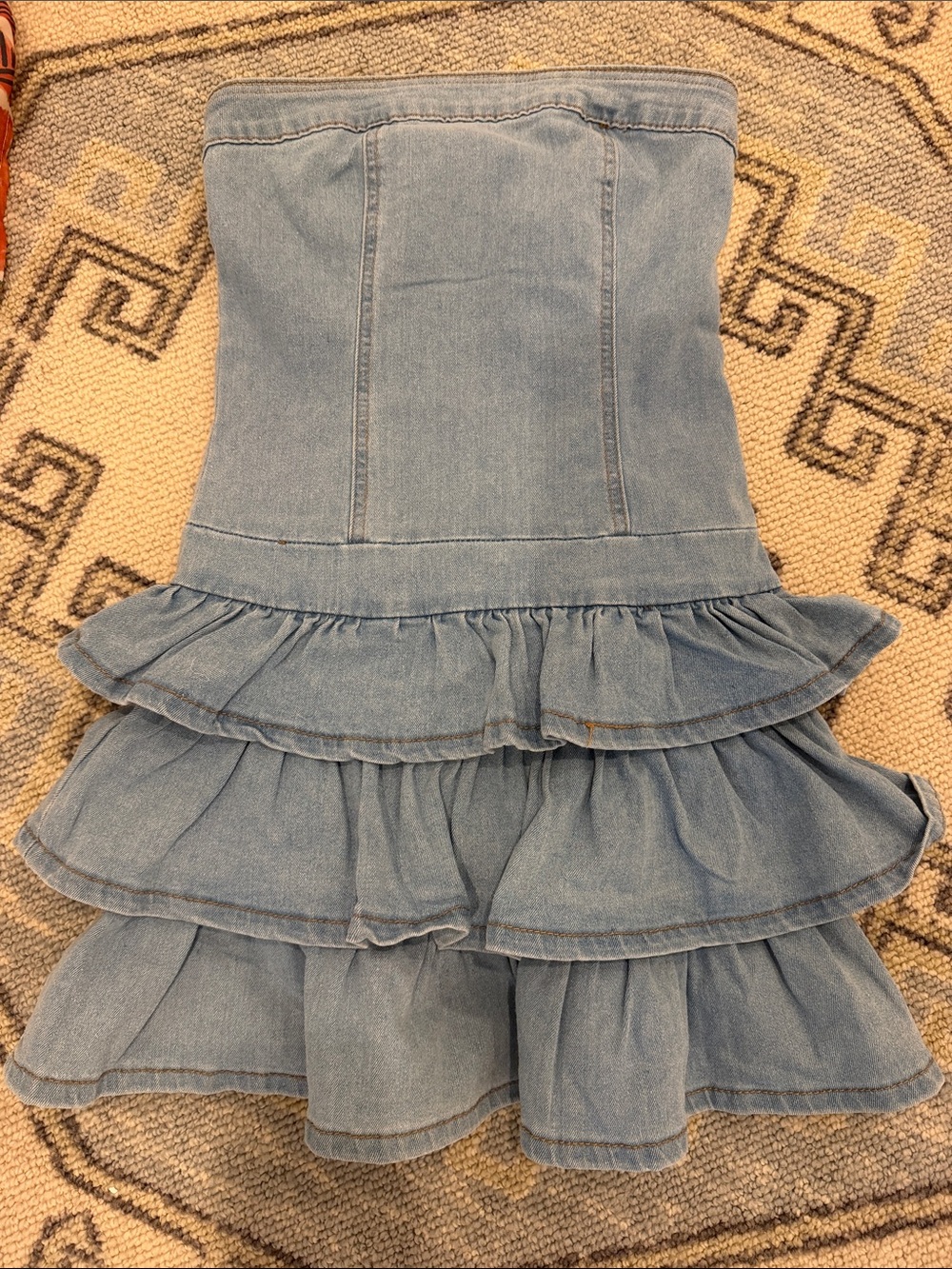 Tiered Light Wash Denim Strapless Mini Dress